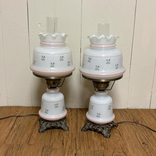 Pair of Milk Glass Hurricane Lamps With Floral Motif