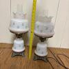 Pair of Milk Glass Hurricane Lamps With Floral Motif - 9