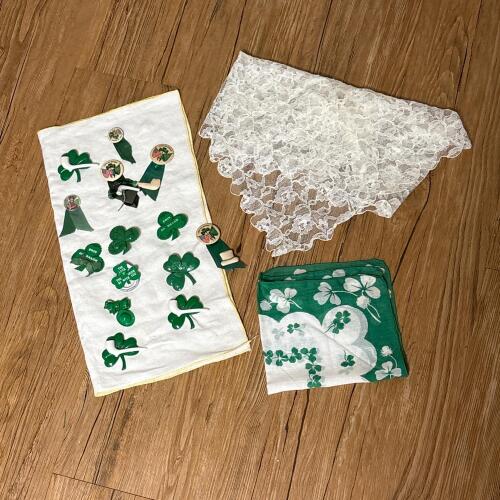 Irish Shamrock Pins, Lace Scarf and Shamrock Handkerchief
