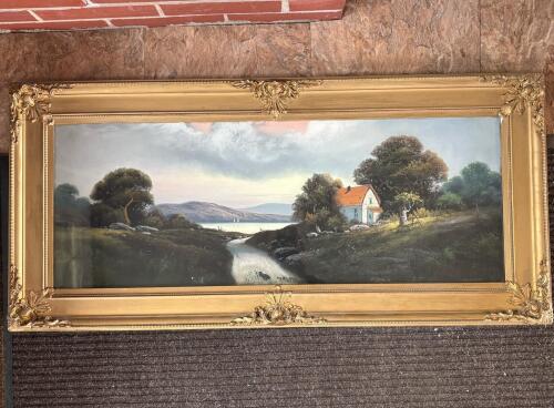 Rustic Cottage Landscape in Ornate Frame, 37"x17"