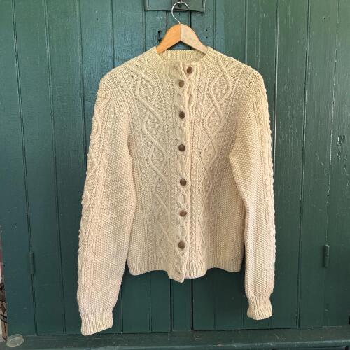Aran-Style Cream Wool Buttoned Cardigan Sweater