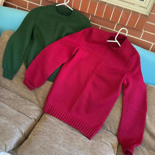 Hand-Knit Crewneck Sweaters in Red and Green