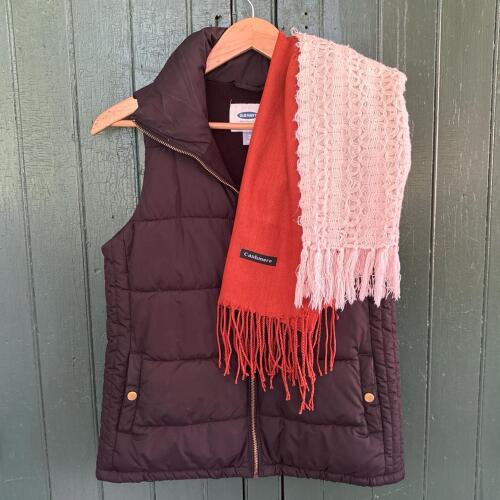Old Navy Quilted Vest with Cashmere & Crocheted Scarves