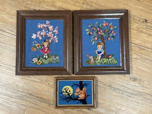 Approx 11" x13" and 8" x 6" Framed Needlepoint Pictures, Child and Animal Motifs