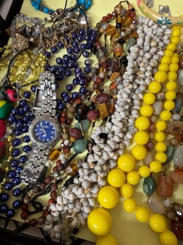 Fossil Blue Watch with Assorted Costume Jewelry Necklaces and Bracelets