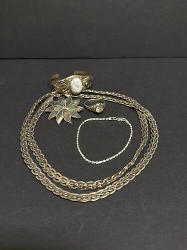 Sterling Silver Cuff Bracelet, Brooch, Ring, Chain & Bracelet
