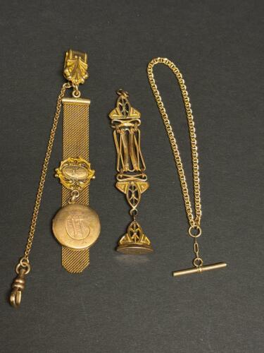 Victorian Gold Tone Watch Chain Fob, Locket, Cufflink & Chain