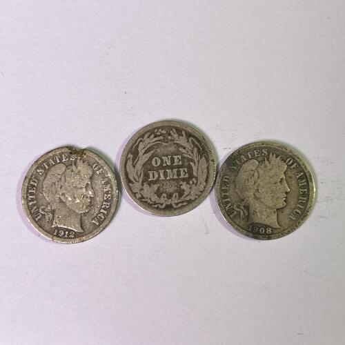Three Barber Dimes: 1900, 1908, 1912