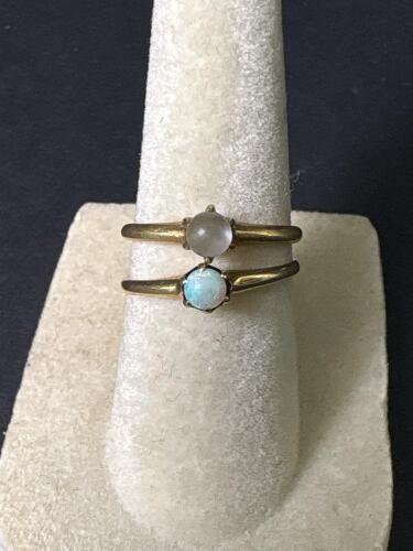 Pair of 14K Gold Rings With Moonstone and Opal Cabochons