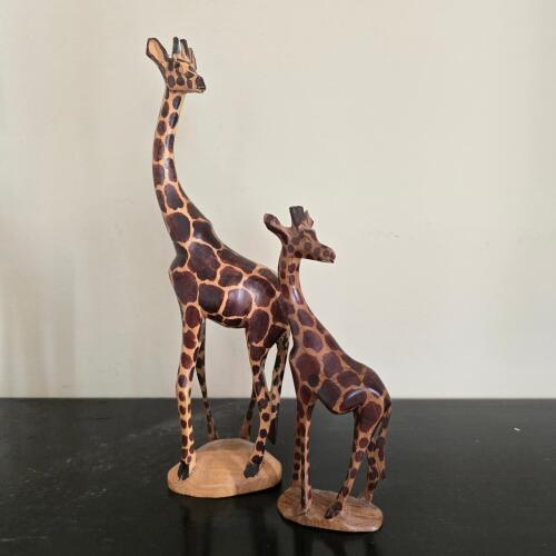Pair of Hand-Carved Wooden Giraffe Figurines