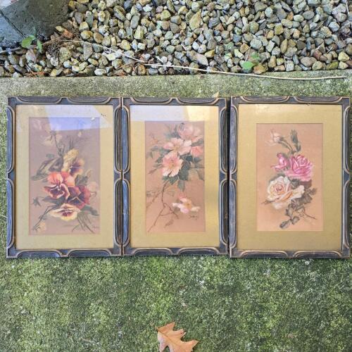 Trio of Framed Original Floral Watercolor Paintings, Signed Santos
