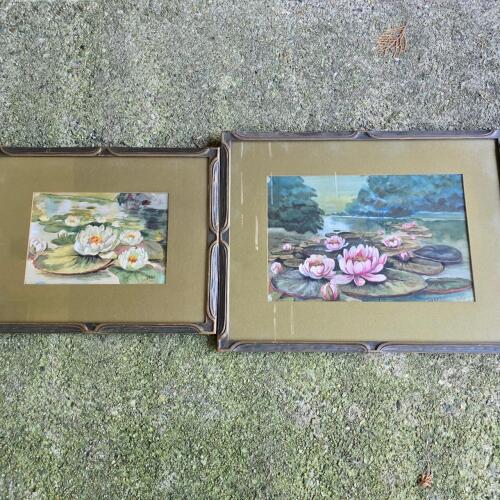 Pair of Framed Original Water Lily Paintings Signed Santos 1920 17"x14", 21"x16"