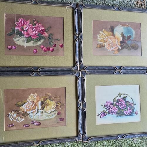 Framed Original Floral Still Life Prints in Green Mats, Signed Santos 12"x15"