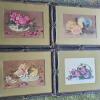 Framed Original Floral Still Life Prints in Green Mats, Signed Santos 12"x15"