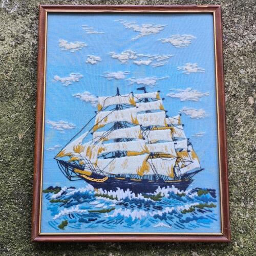 Framed Sailing Ship Embroidery Artwork 19"x15"