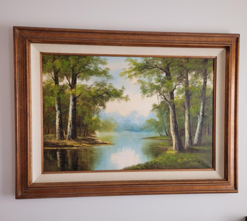 Landscape Oil Painting in Rustic Frame, River and Trees Scene 45" x 33"