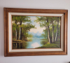 Landscape Oil Painting in Rustic Frame, River and Trees Scene 45" x 33"