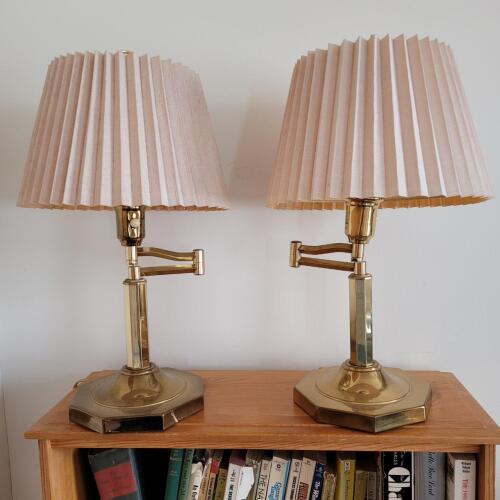 Pair of Brass Swing Arm Table Lamps with Pleated Shades