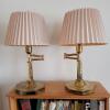 Pair of Brass Swing Arm Table Lamps with Pleated Shades