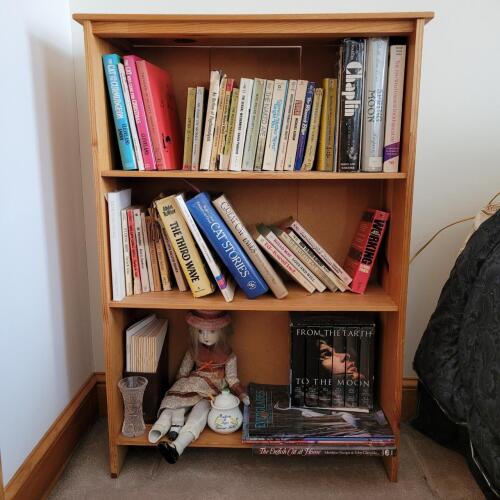 Wooden Bookcase with Assorted Books and Decor