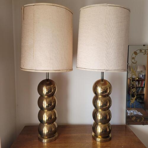Pair of Brass Ball Stacked Table Lamps With Drum Shades