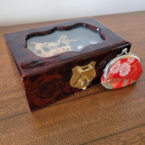 Asian-Style Jewelry Box with Glass Inlay and Japanese Good Luck Purse