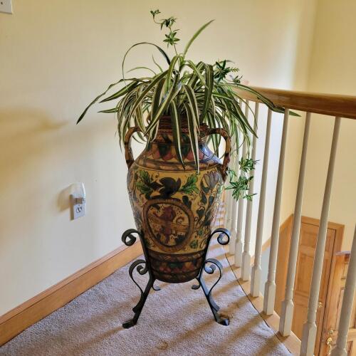 Decorative Ceramic Planter with Faux Spider Plant on Metal Stand