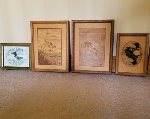 Framed Wildlife Marquetry Panels and Watercolor Loon Artwork