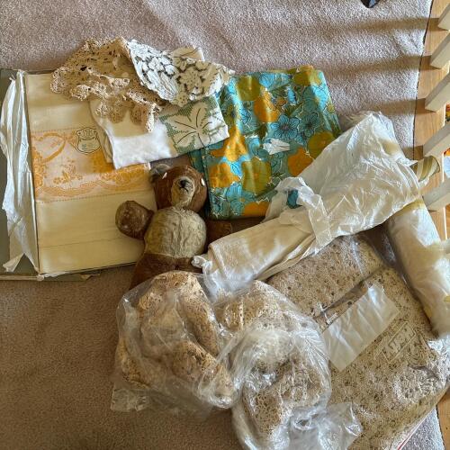 Vintage Teddy Bear & Assorted Linens