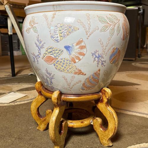 Ceramic Planter With Seashell Design & Wood Stand