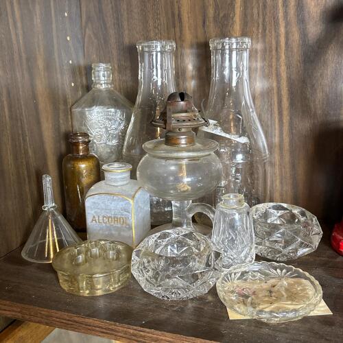 Vintage Glass Apothecary Bottles, Oil Lamp, & Flower Frog