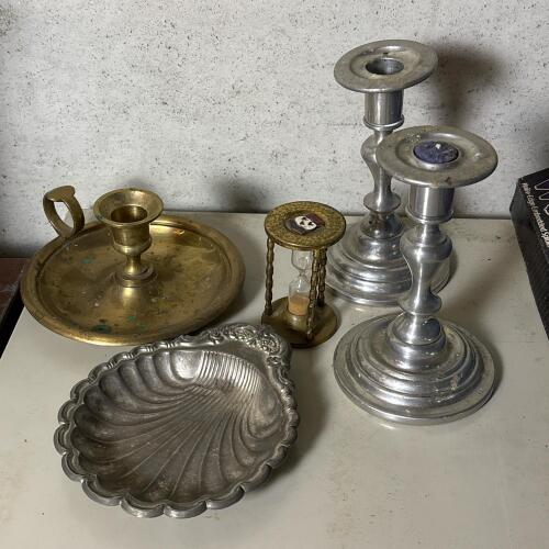 Vintage Metal Candlesticks, Shell-Shaped Dish & Hourglass
