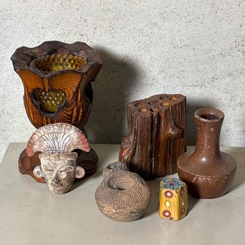 Small Decorative Wood Carvings and Pottery Vessels
