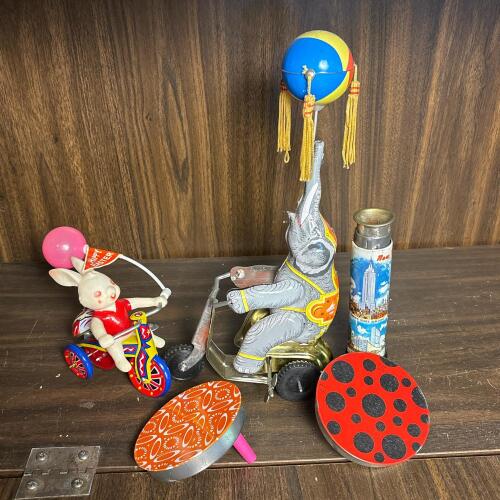 Vintage Metal Toys: Elephant on Tricycle, Easter Bunny, Tops