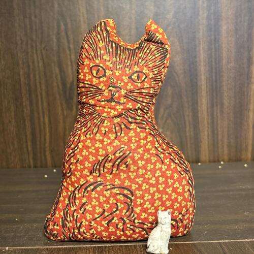 Stuffed Fabric Cat Figure and Small White Cat Figurine