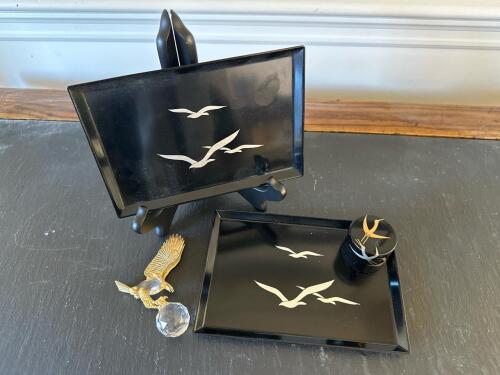 Otagiri Japan Lacquer Trinket Trays and Crystal Eagle Figurine