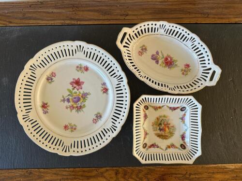 Porcelain Reticulated Plates and Bowl in Floral and Rococo-Style