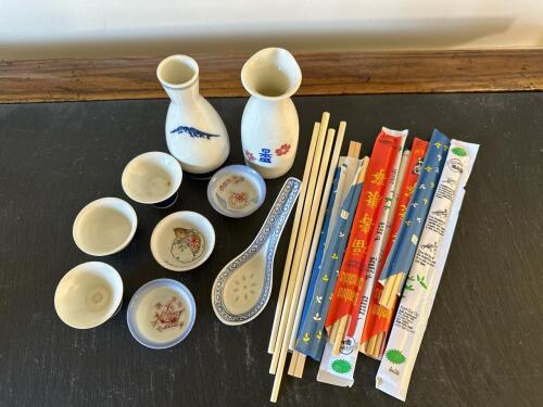 Japanese Sake Bottles, Cups, Ceramic Spoon and Chopsticks Set
