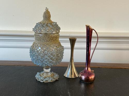 Apothecary Jar With Beaded Overlay, Brass Bell & Pink Vase
