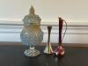 Apothecary Jar With Beaded Overlay, Brass Bell & Pink Vase
