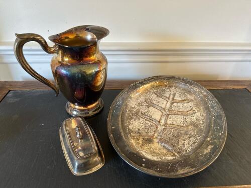 Silverplated Pitcher, Meat Platter & Covered Butter Dish