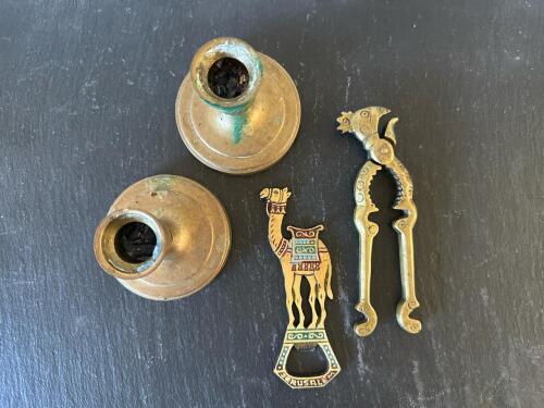 Brass Candlesticks, Jerusalem Souvenir Bottle Opener & Brass Nutcracker