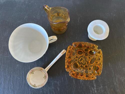 Vintage Glass Ashtray, Creamer, Maria Japan Teacup, Milk Glass Top Hat, Floral Ladle