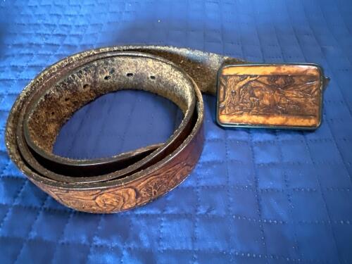 Western-Style Tooled Leather Belt With Deer Motif Buckle