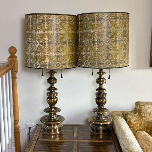Pair of Brass-Tone Table Lamps with Patterned Shades