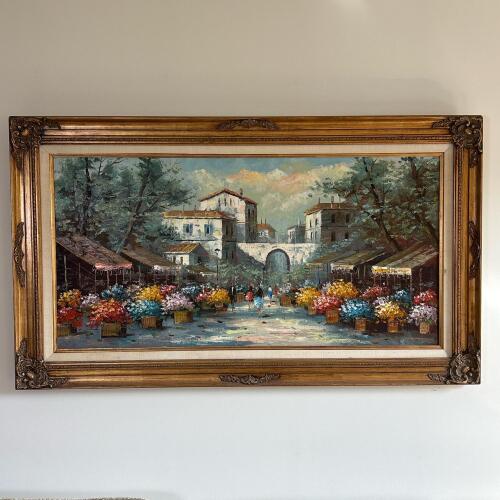 56.75" x 32.5" Framed Market Scene Oil Painting, Signed