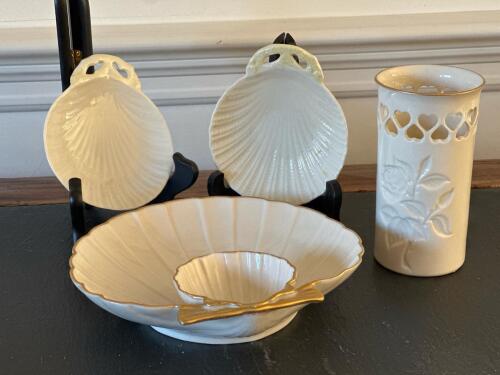 Lenox Heart Vase and Belleek Shell Dishes