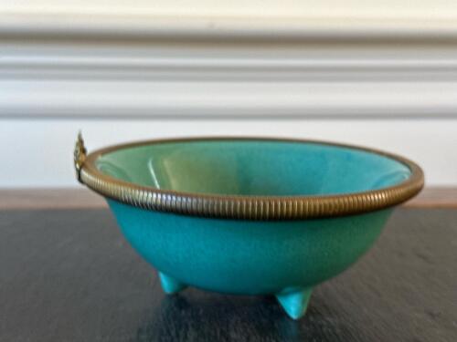 Jensen Ceramic Footed Bowl With Brass Rim and Floral Detail