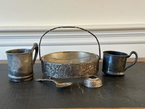 Ornate Silverplate Basket with Glass Insert, Vintage Pewter Cups & Spoon