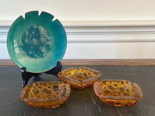 Mid-Century Modern Amber Bubble Glass Ashtrays and Blue Ceramic Ashtray